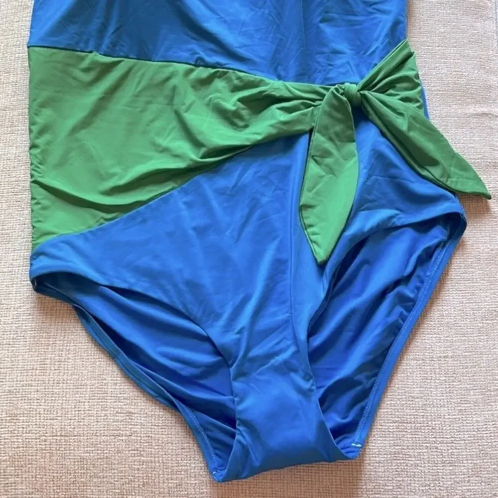 NWT City Chic Capri Ibiza blue and Absynth green sash one shoulder swimsuit, 20